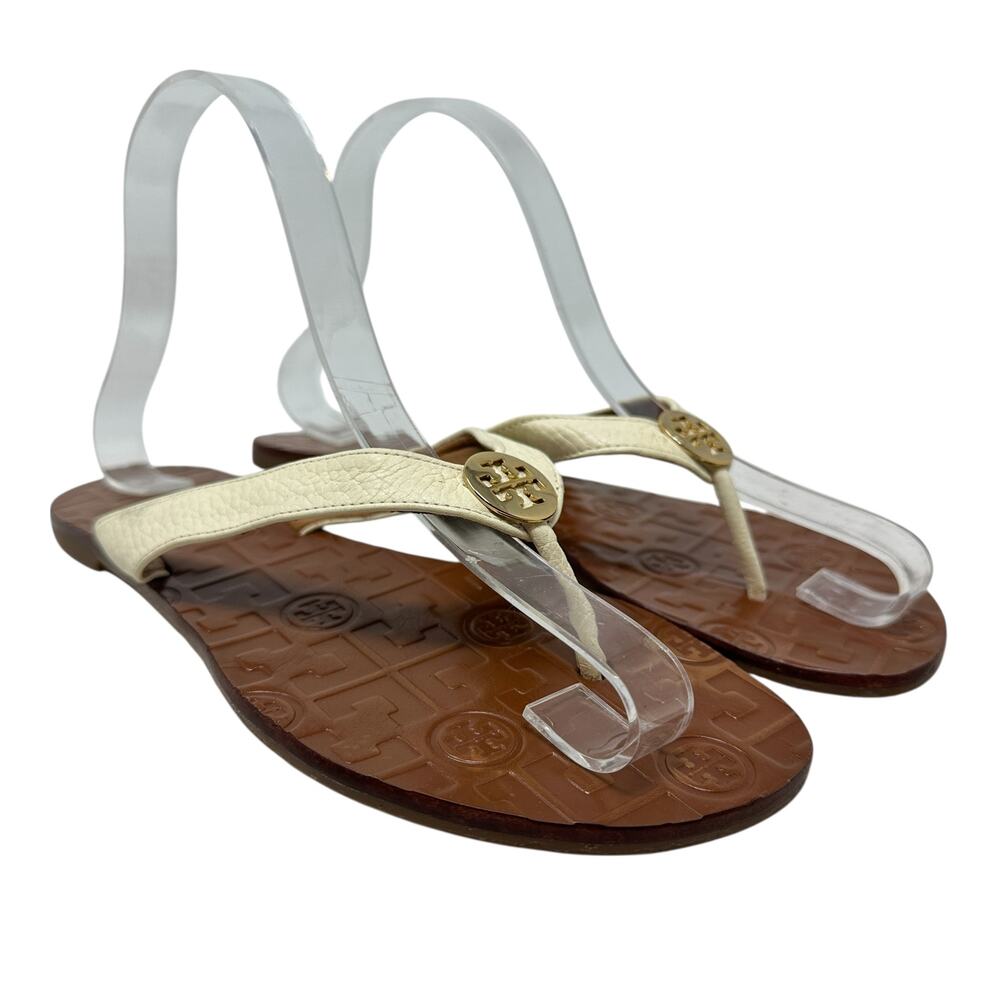 Tory Burch Thora Thong‎ Sandals Flip Flops Patent Leather Ivory Gold Size US 8 - Picture 5 of 14